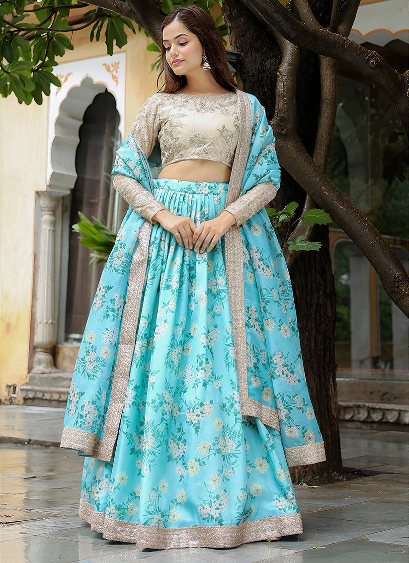 Incredible Sky Blue Heavy Lehenga Choli Set for Festival