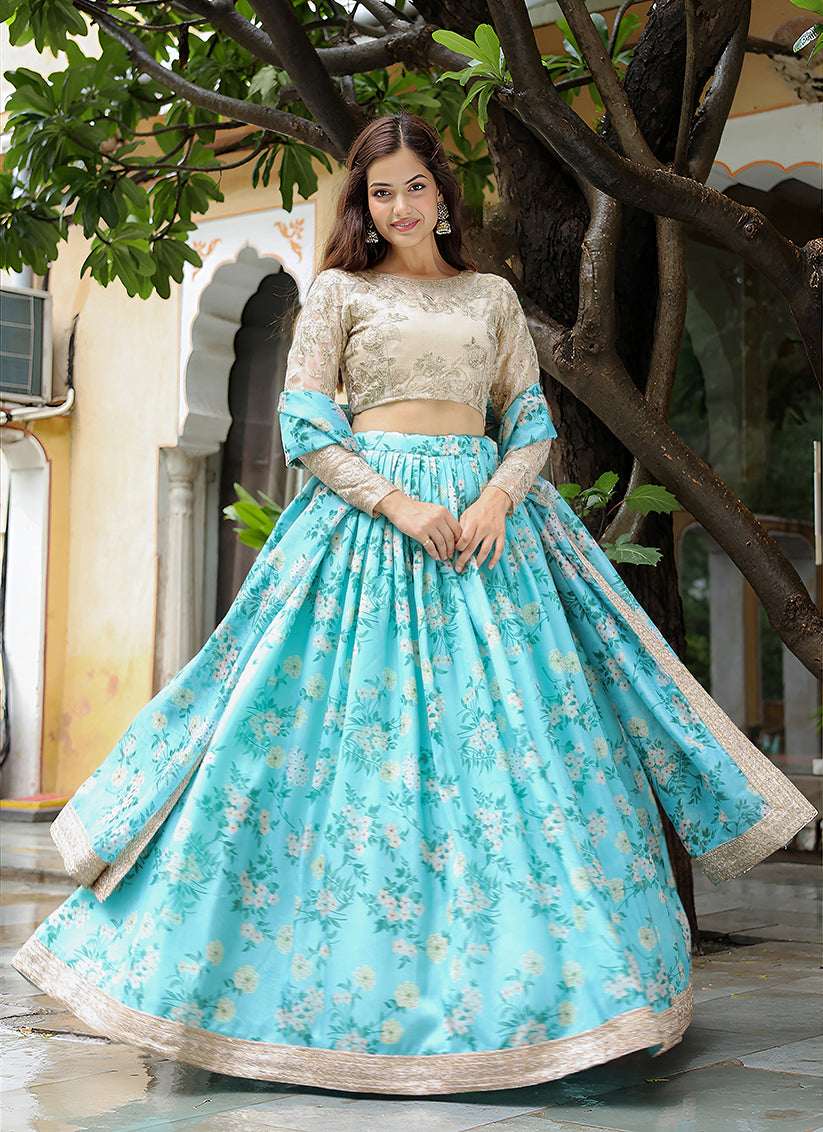 Incredible Sky Blue Heavy Lehenga Choli Set for Festival