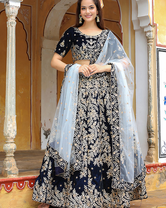 Spectacular Navy Blue Heavy Lehenga Choli Set for Festival