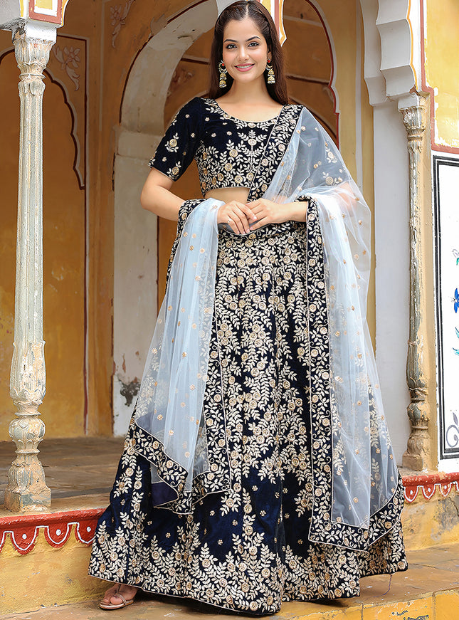 Spectacular Navy Blue Heavy Lehenga Choli Set for Festival