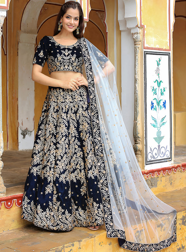 Spectacular Navy Blue Heavy Lehenga Choli Set for Festival