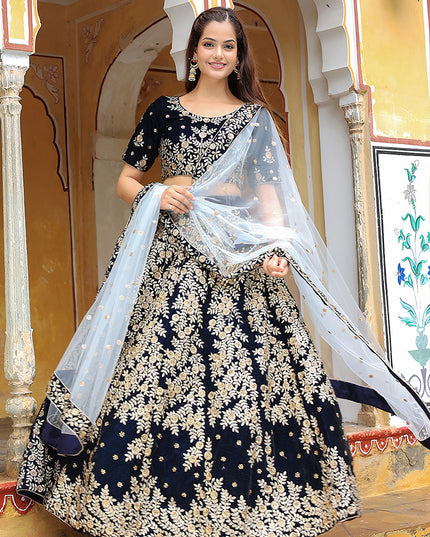 Spectacular Navy Blue Heavy Lehenga Choli Set for Festival