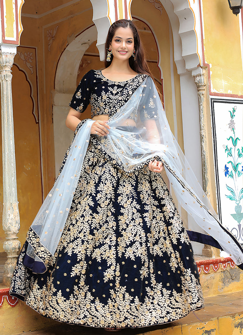 Spectacular Navy Blue Heavy Lehenga Choli Set for Festival