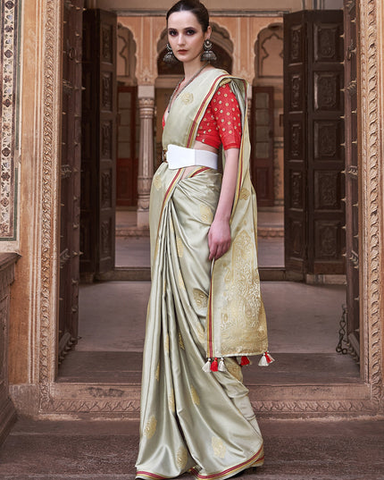 Dusty Cream Pure Satin Zari Woven Saree