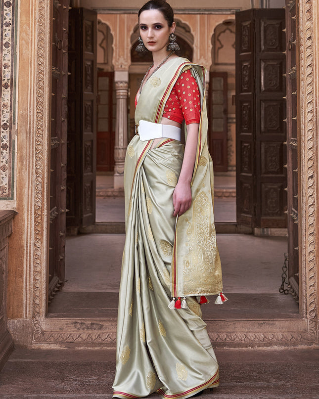 Dusty Cream Pure Satin Zari Woven Saree