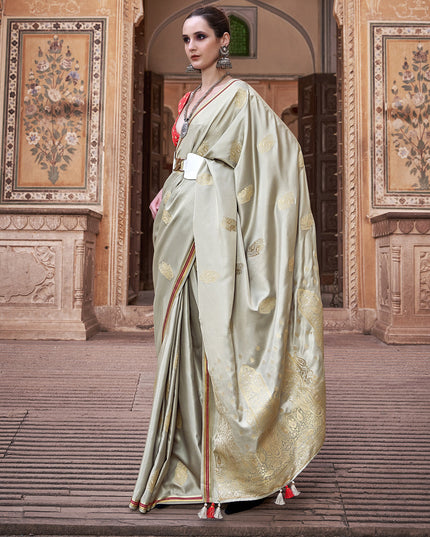 Dusty Cream Pure Satin Zari Woven Saree