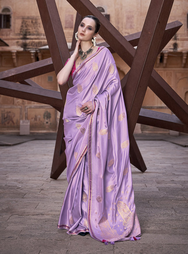Lilac Pure Satin Zari Woven Saree