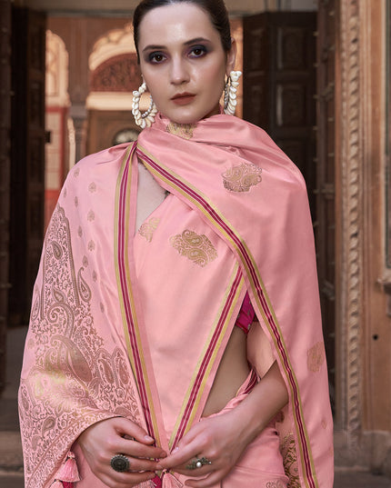 Coral Pink Pure Satin Zari Woven Saree