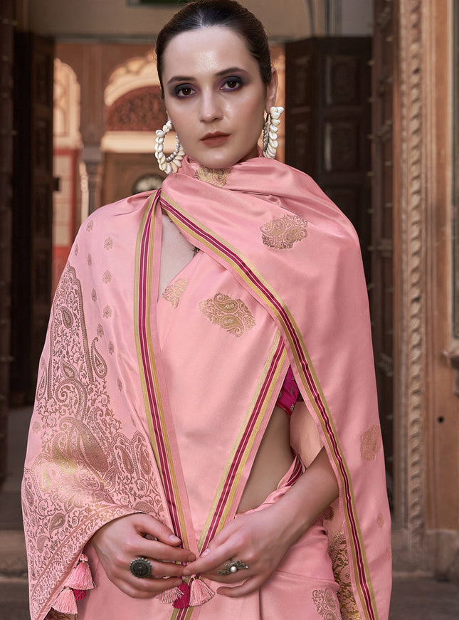 Coral Pink Pure Satin Zari Woven Saree