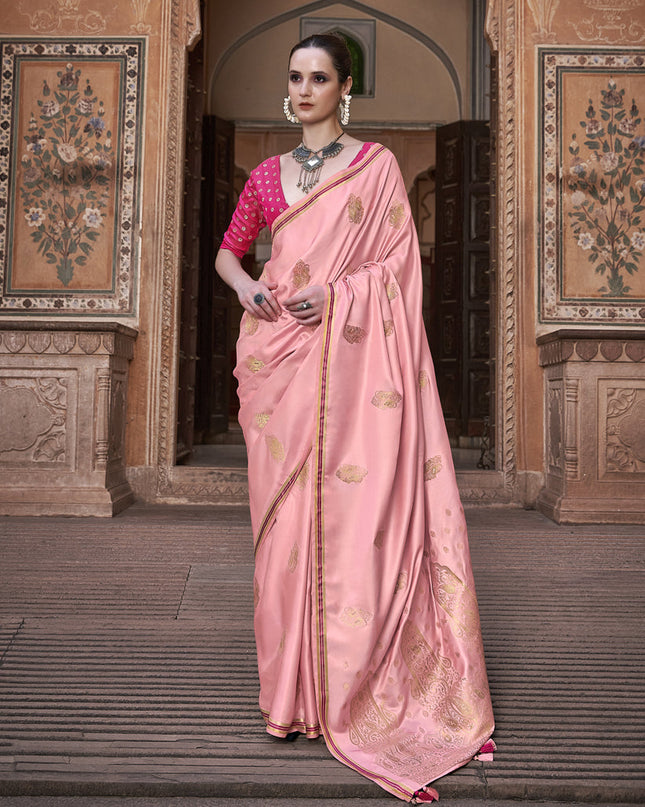 Coral Pink Pure Satin Zari Woven Saree
