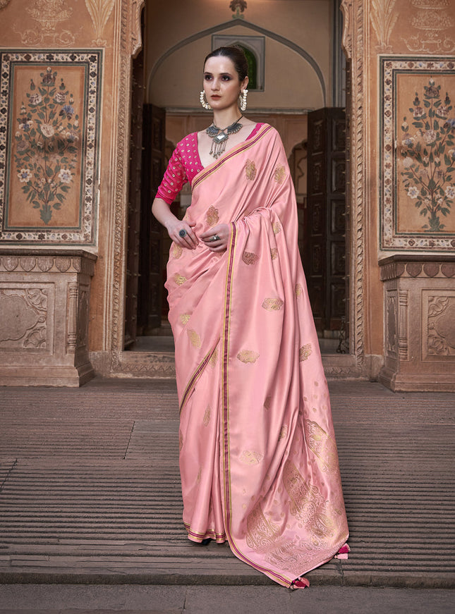 Coral Pink Pure Satin Zari Woven Saree