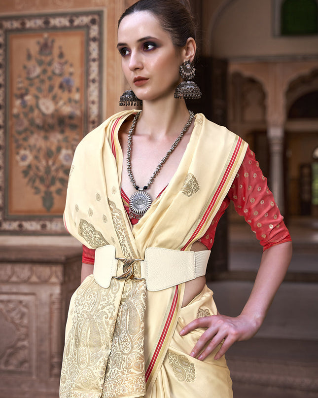 Cream Pure Satin Zari Woven Saree
