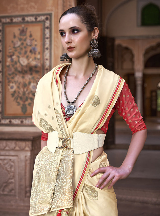 Cream Pure Satin Zari Woven Saree