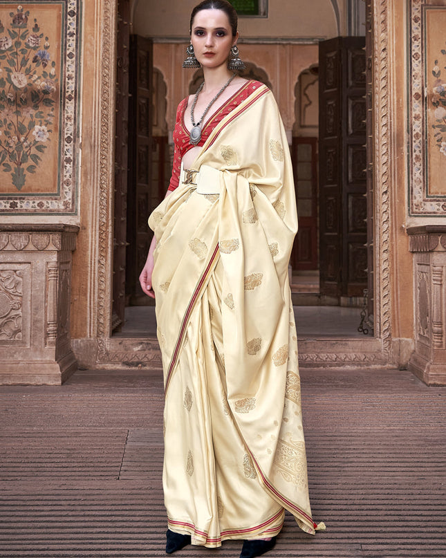 Cream Pure Satin Zari Woven Saree