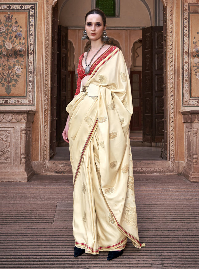 Cream Pure Satin Zari Woven Saree