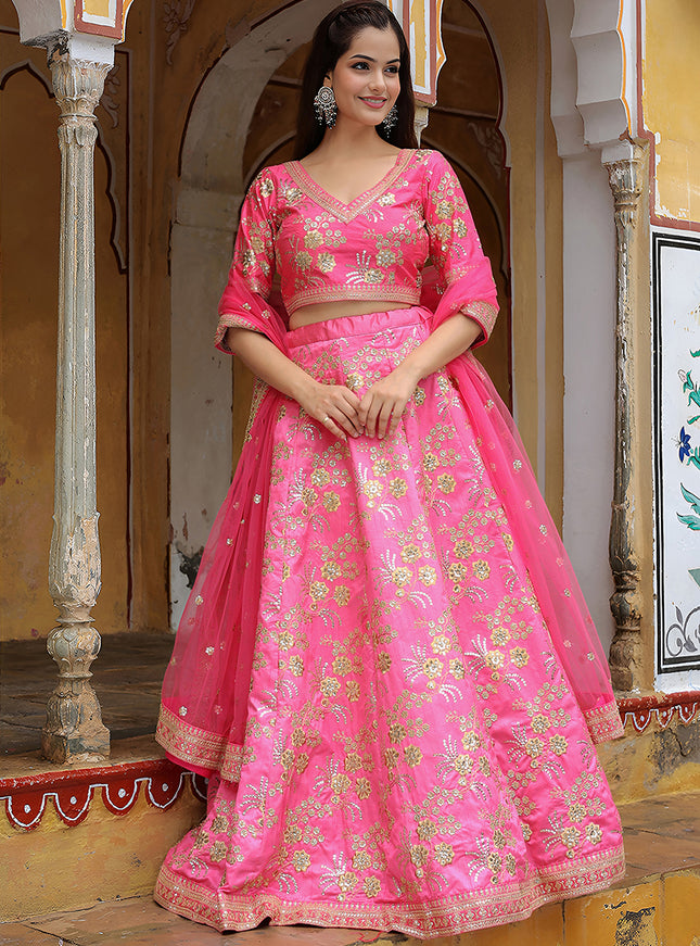 Delightful Punch Pink Heavy Lehenga Choli Set for Festival