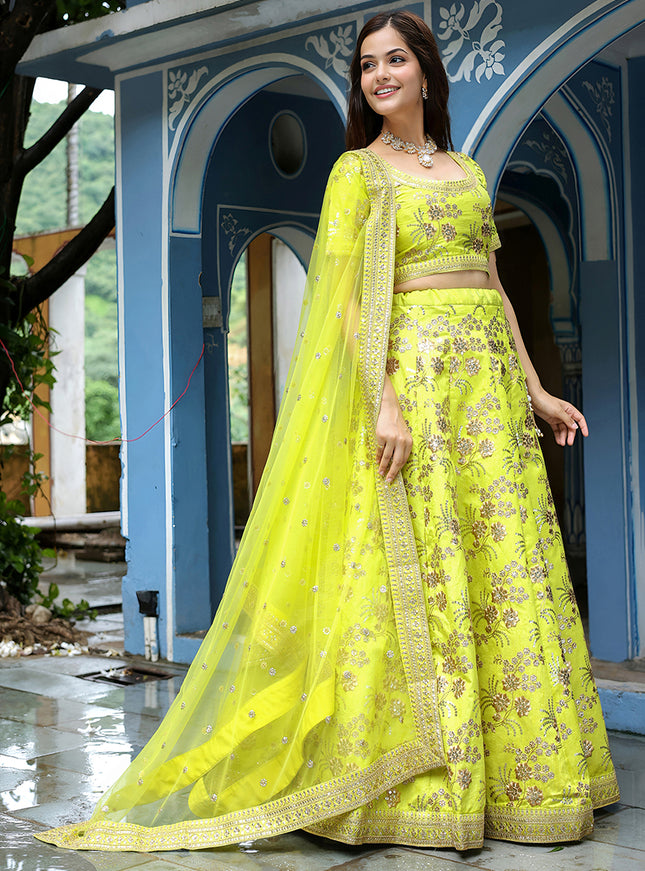 Dazzling Neon Green Heavy Lehenga Choli Set for Festival
