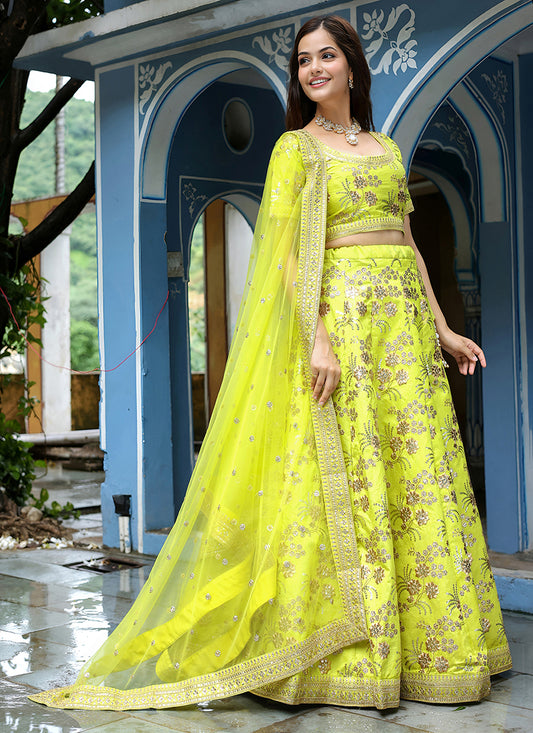 Dazzling Neon Green Heavy Lehenga Choli Set for Festival