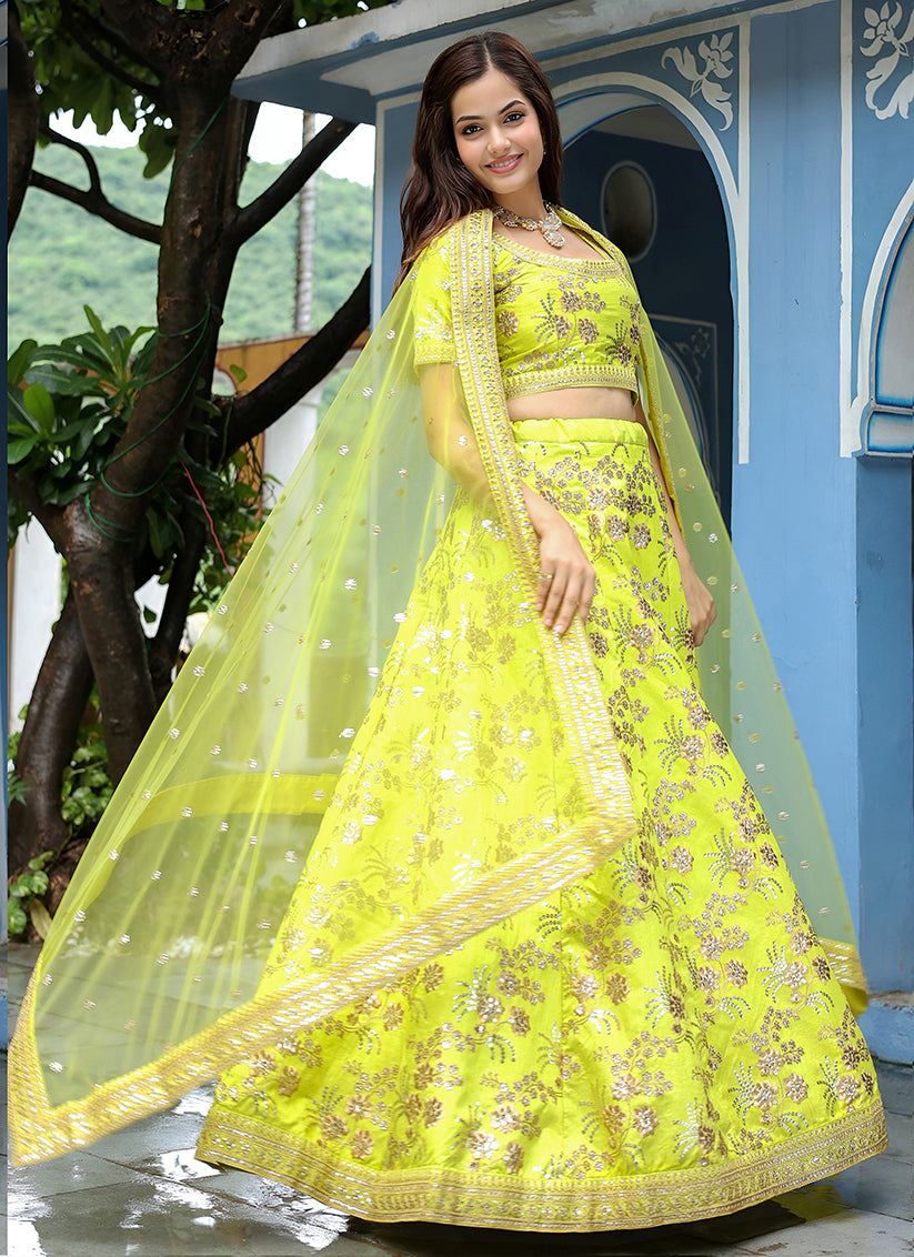 Dazzling Neon Green Heavy Lehenga Choli Set for Festival