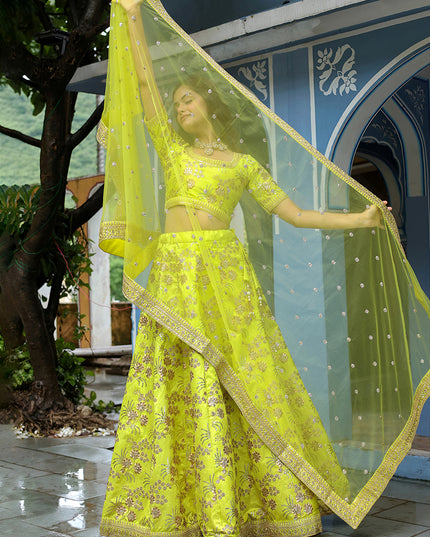 Dazzling Neon Green Heavy Lehenga Choli Set for Festival