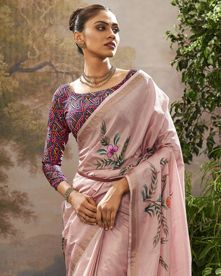Onion Pink Linen Tissue Printed Saree For Festival