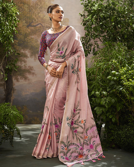 Onion Pink Linen Tissue Printed Saree For Festival