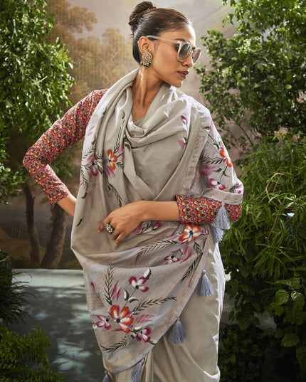 Grey Linen Tissue Printed Saree For Festival