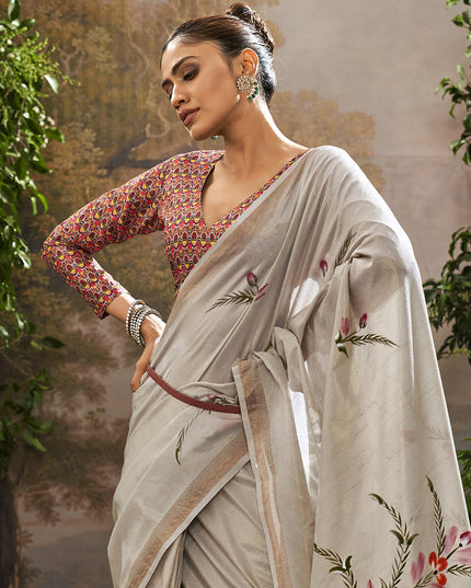 Grey Linen Tissue Printed Saree For Festival