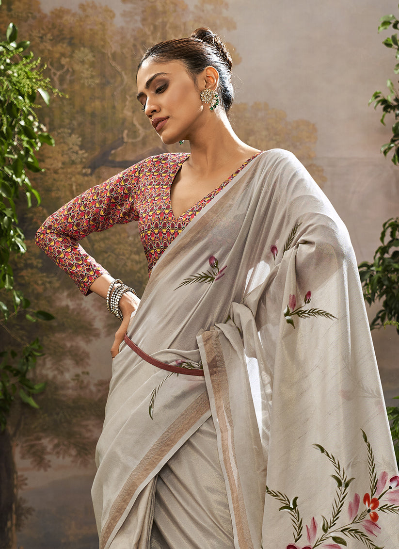Grey Linen Tissue Printed Saree For Festival