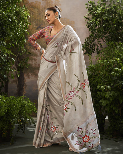 Grey Linen Tissue Printed Saree For Festival