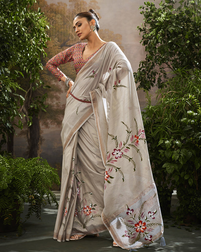 Grey Linen Tissue Printed Saree For Festival