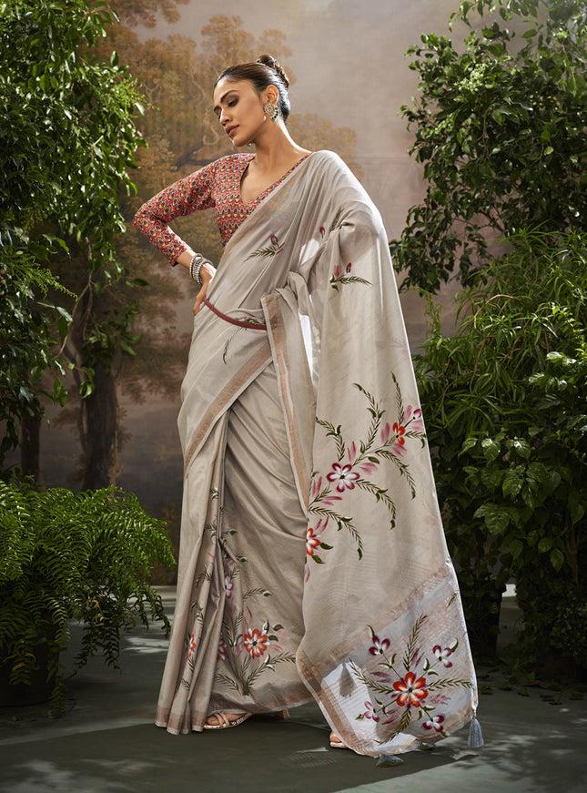 Grey Linen Tissue Printed Saree For Festival