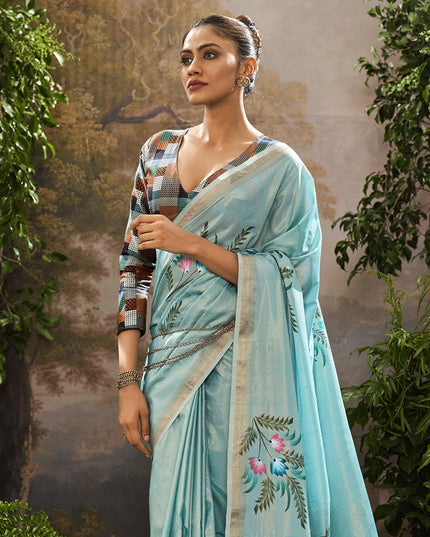 Sky Blue Linen Tissue Printed Saree For Festival