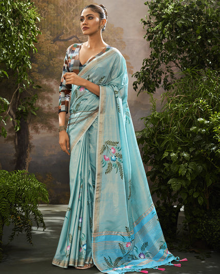 Sky Blue Linen Tissue Printed Saree For Festival
