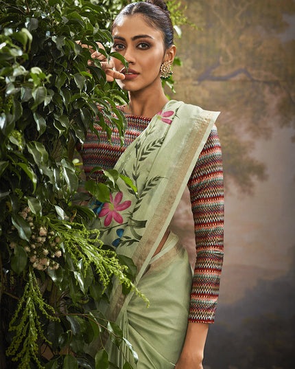 Pista Green Linen Tissue Printed Saree For Festival