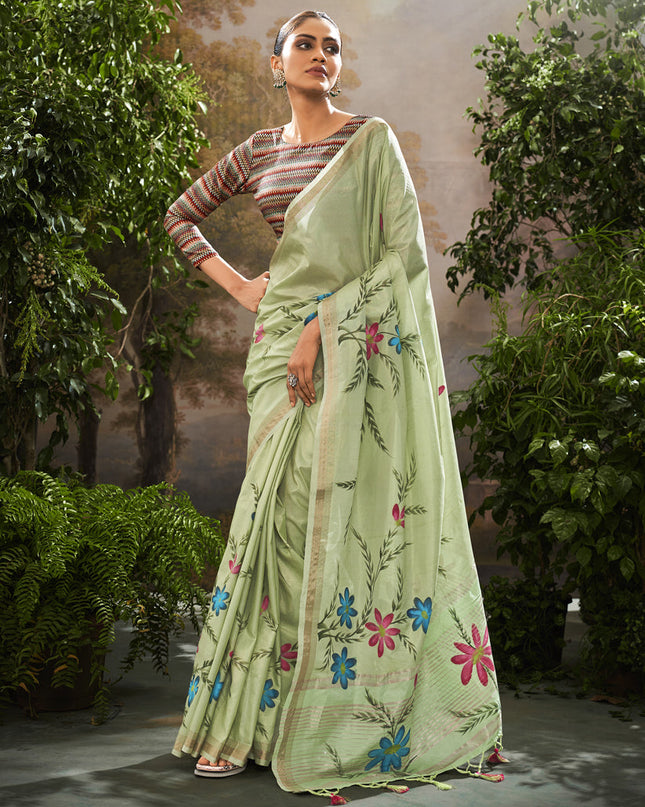 Pista Green Linen Tissue Printed Saree For Festival