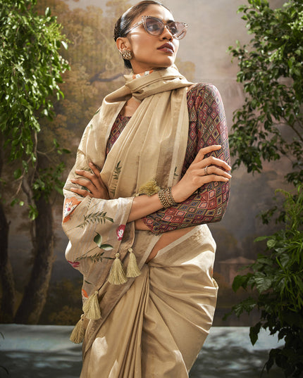Beige Linen Tissue Printed Saree For Festival