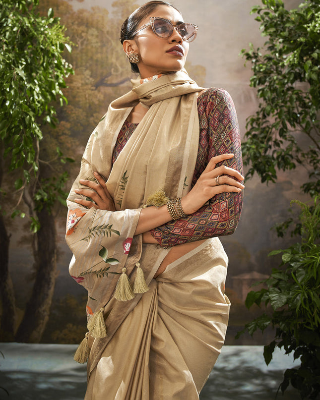Beige Linen Tissue Printed Saree For Festival