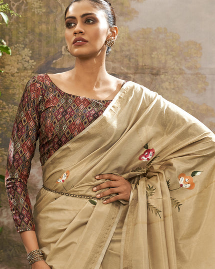 Beige Linen Tissue Printed Saree For Festival