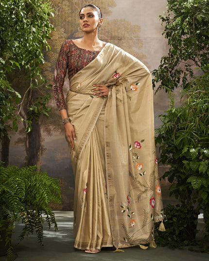 Beige Linen Tissue Printed Saree For Festival