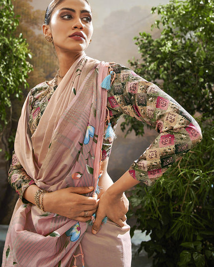 Blush Peach Linen Tissue Printed Saree For Festival