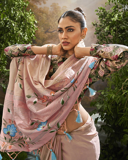 Blush Peach Linen Tissue Printed Saree For Festival