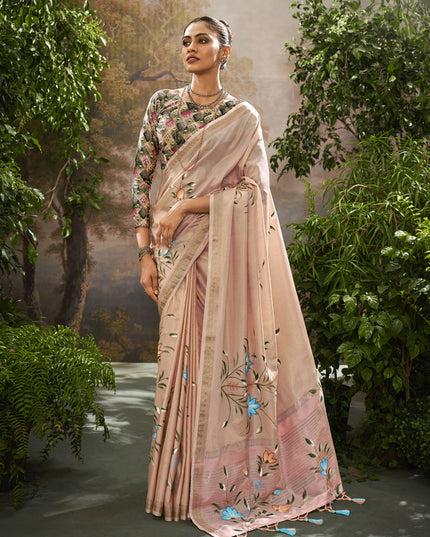 Blush Peach Linen Tissue Printed Saree For Festival