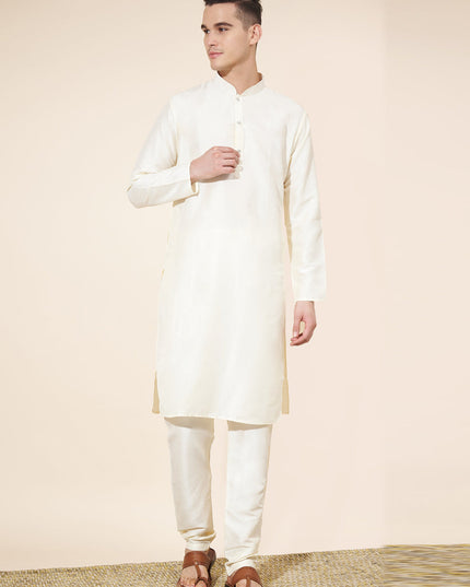 Off White Silk Solid Mens Kurta Pajama Set