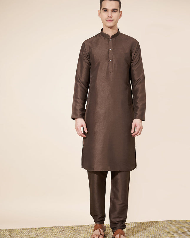 Coffee Brown Silk Solid Mens Kurta Pajama Set