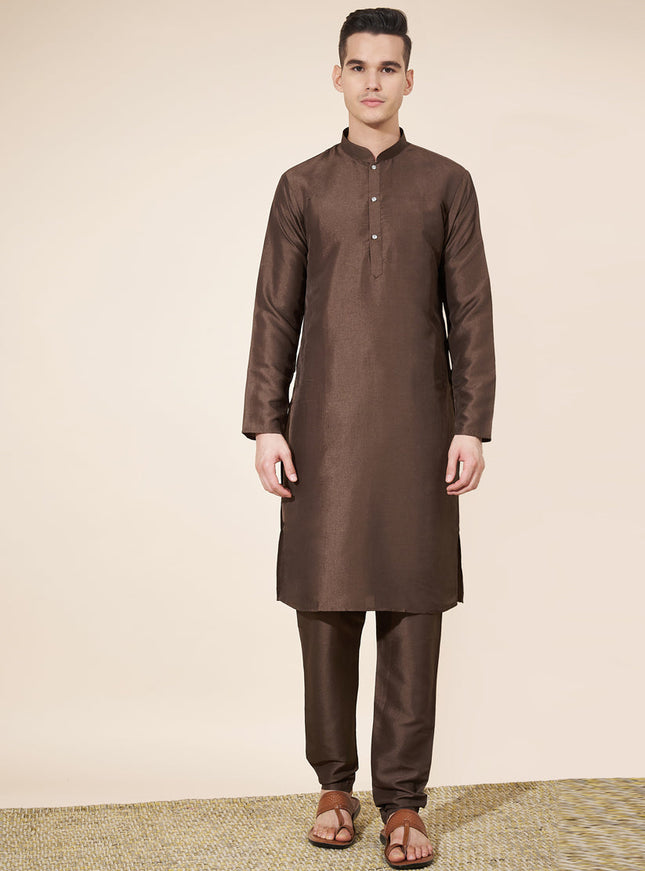 Coffee Brown Silk Solid Mens Kurta Pajama Set
