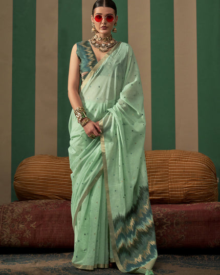 Mint Green Spun Handloom Silk Weaving Festival Saree