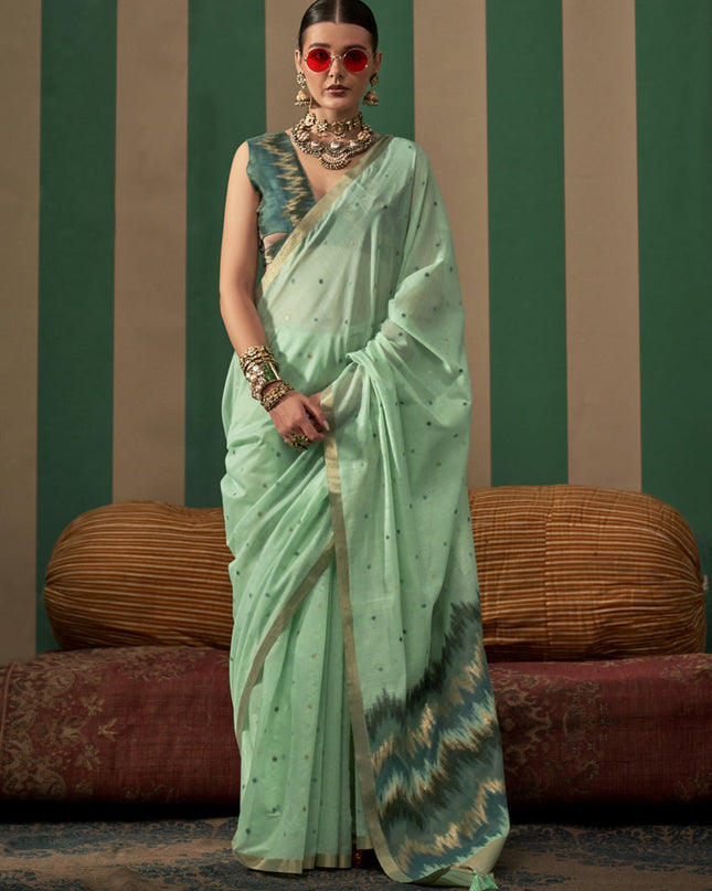 Mint Green Spun Handloom Silk Weaving Festival Saree