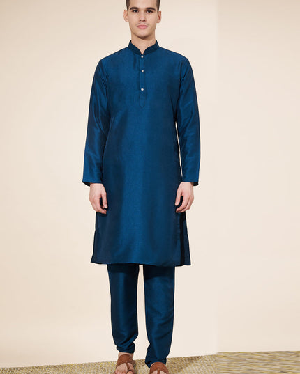 Cobalt Blue Silk Solid Mens Kurta Pajama Set
