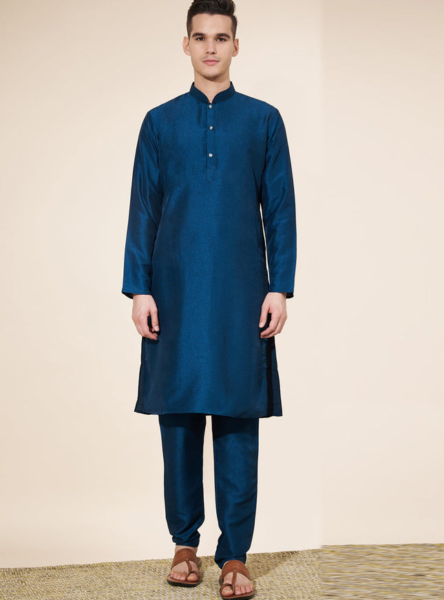 Cobalt Blue Silk Solid Mens Kurta Pajama Set